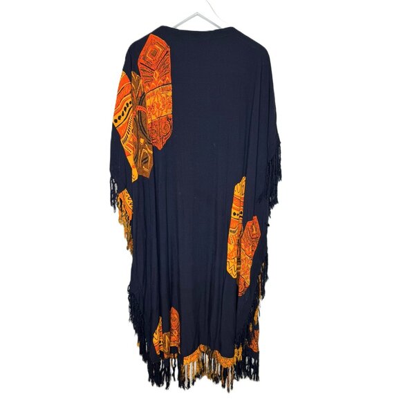 Vintage 90s Black & Orange Boho Maxi-Length Kaftan, Fringe Accents, Art-to-Wear - Picture 2 of 7